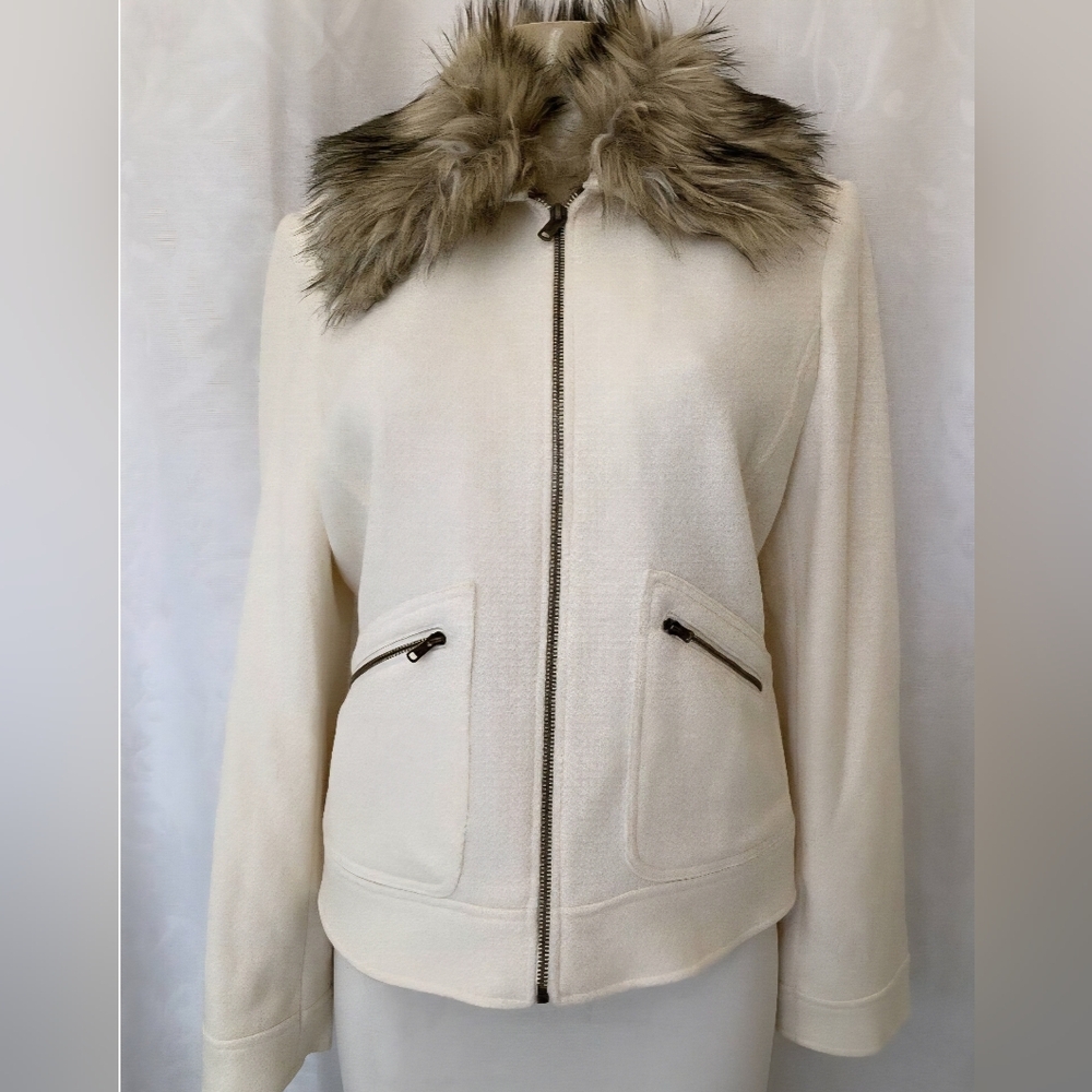 NWT Lauren Ralph Lauren Cream Wool Jacket Removable Faux Fur Collar Small Zip - Picture 5 of 16